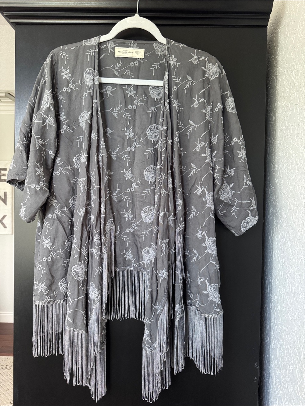 Abercrombie & Fitch Embroidered Fringe Kimono Jacket - Gray